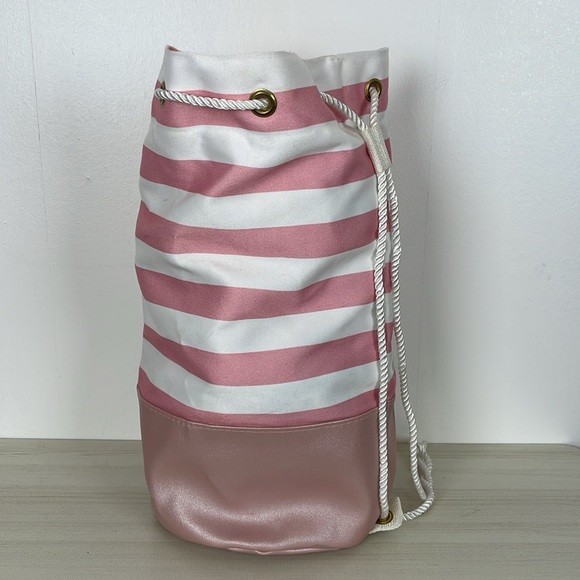 LulaRoe Womens Pink And White Striped Shoulder Cinch Beach Bag - Picture 2 of 6